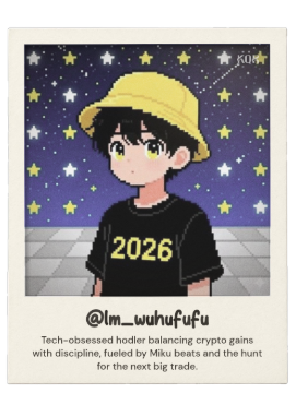 An anime-style illustration of a boy in a yellow bucket hat and '2026' shirt against a starry background, with text reading '@Im_wuhufufu Tech-obsessed hodler balancing crypto gains with discipline, fueled by Miku beats and the hunt for the next big trade.'