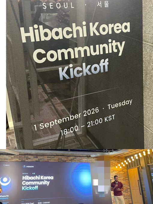 A promotional banner and event photo for the "Hibachi Korea Community Kickoff" held in Seoul on 1 September 2026, Tuesday, from 18:00 – 21:00 KST.