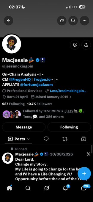 A screenshot of an X (Twitter) profile for 'Macjessie' (@jesssimckingpin) shows their bio details, follower count of 10.7K, and a pinned post about 'Change my Story'.