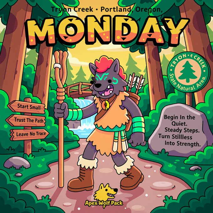 A cartoon illustration labeled 'MONDAY' features a wolf-like druid character holding a staff in a forest, with text including 'Tryon Creek · Portland, Oregon', 'Apex Wolf Pack', and motivational phrases like 'Start Small, Trust The Path, Leave No Trace.'