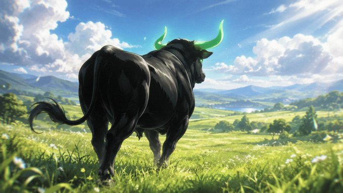 A digital illustration of a large black bull with glowing green horns viewed from behind, standing in a lush green meadow under a blue cloudy sky.