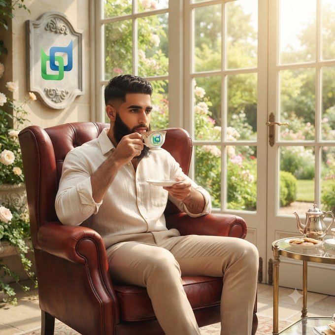A bearded man sits in a red leather armchair sipping tea from a cup, with a 'Beldock' shield logo visible on the wall, teacup, and a watermark.