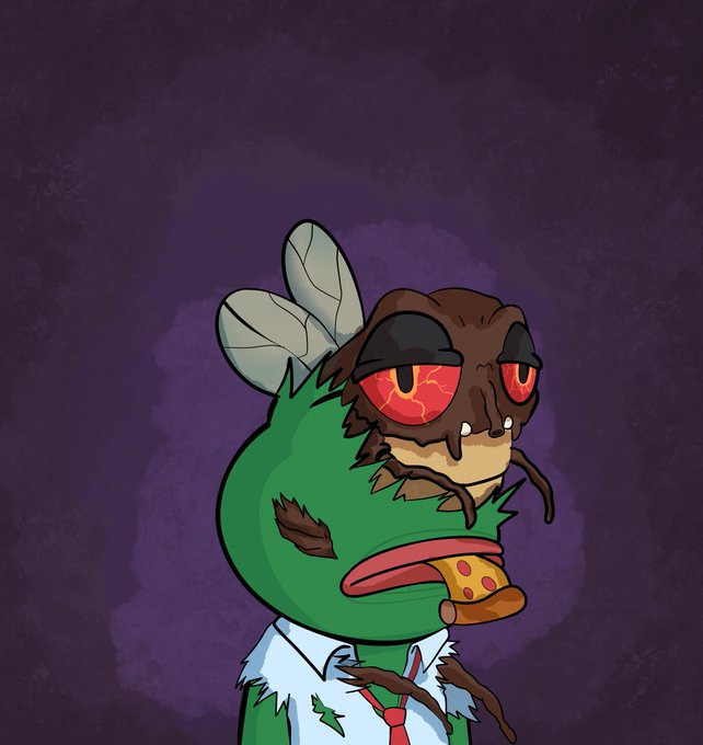 A digital drawing of a green character with a melting, red-eyed face and flies around it, wearing a tattered white shirt and red tie against a dark purple background.