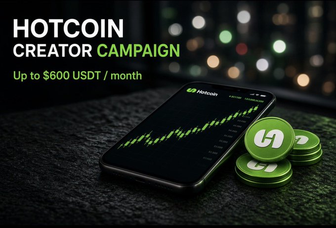 A promotional banner for 'HOTCOIN CREATOR CAMPAIGN' offering 'Up to $600 USDT / month,' featuring a smartphone showing a trading chart alongside stacked green Hotcoin tokens on a dark surface.