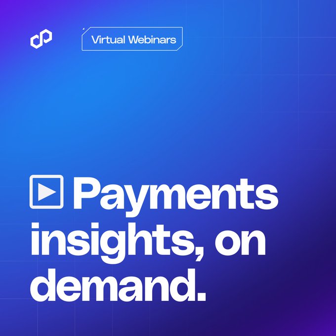 This image advertises Polygon's "Virtual Webinars" providing "Payments insights, on demand." It relates to the post by visually representing the availability of on-demand content for moving money on the blockchain as described in the accompanying text.