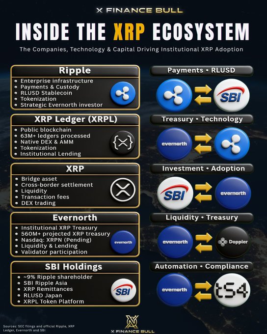 An infographic titled "Inside the XRP Ecosystem" breaks down the core components driving institutional XRP adoption, highlighting Ripple (enterprise infrastructure, payments, RLUSD, tokenization), XRP Ledger (63M+ ledgers processed, DEX, AMM), XRP (bridge asset for cross-border settlement), Evernorth (institutional XRP treasury with 560M+ projected holdings), and SBI Holdings (~9% Ripple shareholder, SBI Ripple Asia, RLUSD Japan, XRPL Token Platform), with flow diagrams linking SBI, Evernorth, and Ripple across payments, treasury, investment, liquidity, and automation categories. The image visually reinforces the post's message by illustrating how Ripple, Evernorth, and SBI are interconnected across multiple financial verticals—not just cross-border payments—showing XRP's expanding role in tokenization, custody, and institutional treasury management.