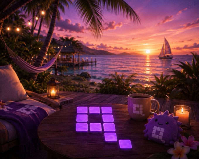 An AI-generated tropical beach scene at sunset with a hammock, string lights, palm trees, a sailboat on the water, and a table in the foreground featuring a mug, candle, and purple digital keypad/pad design.