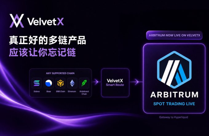 A promotional graphic for VelvetX with the slogan '真正好的多链产品 应该让你忘记链' (A truly good multi-chain product should make you forget the chain), showcasing supported chains (Solana, Base, BNB Chain, Ethereum, Robinhood Chain) routing through to Arbitrum spot trading live.