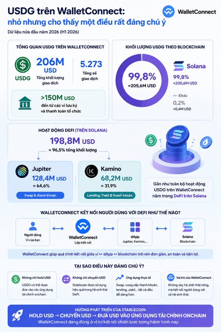 An infographic in Vietnamese about USDG on WalletConnect in H1 2026, showing 206M USDG statistics, 99.8% on Solana, and DeFi activity on Jupiter and Kamino.