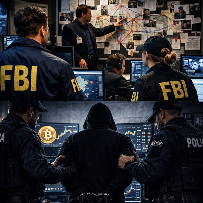 The image depicts an FBI investigation scene, showing agents in "FBI" jackets working in a command center with a conspiracy board and surveillance monitors (top), and officers restraining a hooded suspect in handcuffs in front of cryptocurrency trading screens displaying a Bitcoin symbol (bottom). 

This visually represents the post's claim about senior FBI supervisor Patrick Steven Yaroch being accused of embezzling approximately $900,000–$1 million in cryptocurrency from suspect assets, illustrating the law enforcement operation and the crypto-related nature of the alleged crime.