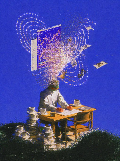 A surreal artwork depicting a person sitting at a desk with stacks of teacups, whose head is replaced by a complex, colorful digital structure and floating data visualizations against a bright blue sky.
