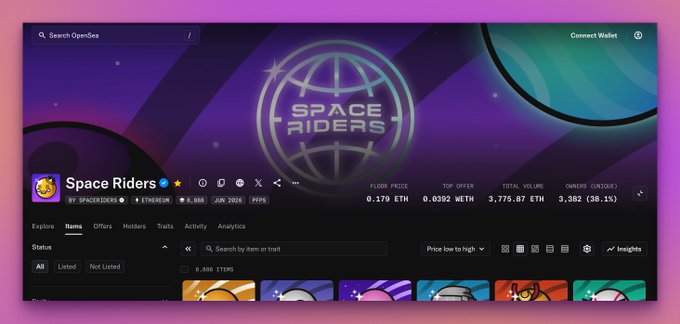 This image is a screenshot of a page from a social media platform where the content displays the title "SpaceRiders" and features a banner for a music streaming app named "@opensea". The image also highlights that this new version has been properly migrated, with the name of the album being "@opensea SpaceRidersOG Pass collection pages". This post suggests that users can expect the same content and experience as before, but in a newer format.