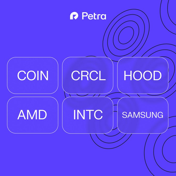 A Petra-branded promotional graphic on a purple background displays six rounded tile buttons listing the newly launched perpetual markets: COIN, CRCL, HOOD, AMD, INTC, and SAMSUNG, visually highlighting the six equity perps now available for trading on Decibel via the Petra wallet on Aptos.