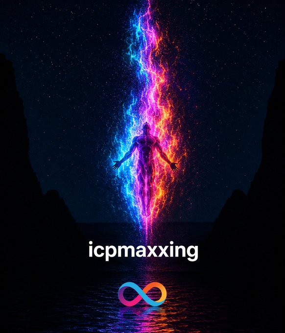 A silhouette of a figure stands arms outstretched within a towering column of pink, blue, and orange cosmic energy against a starry night sky, with the text "icpmaxxing" and an infinity symbol displayed below, visually embodying the maximalist ascension of $ICP.