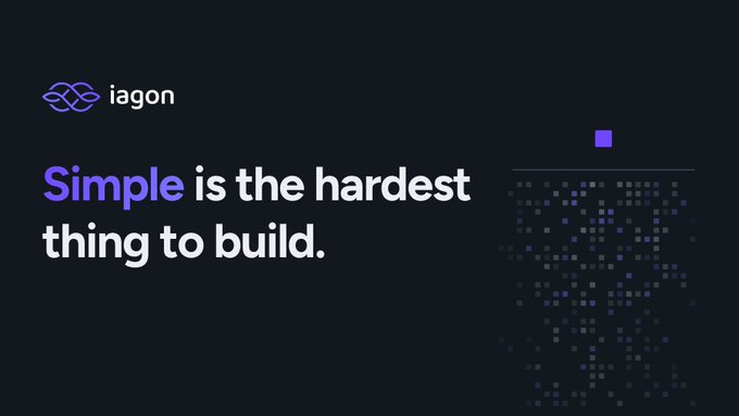 A graphic for 'iagon' featuring the slogan 'Simple is the hardest thing to build.' alongside a pixelated face design on a dark background.