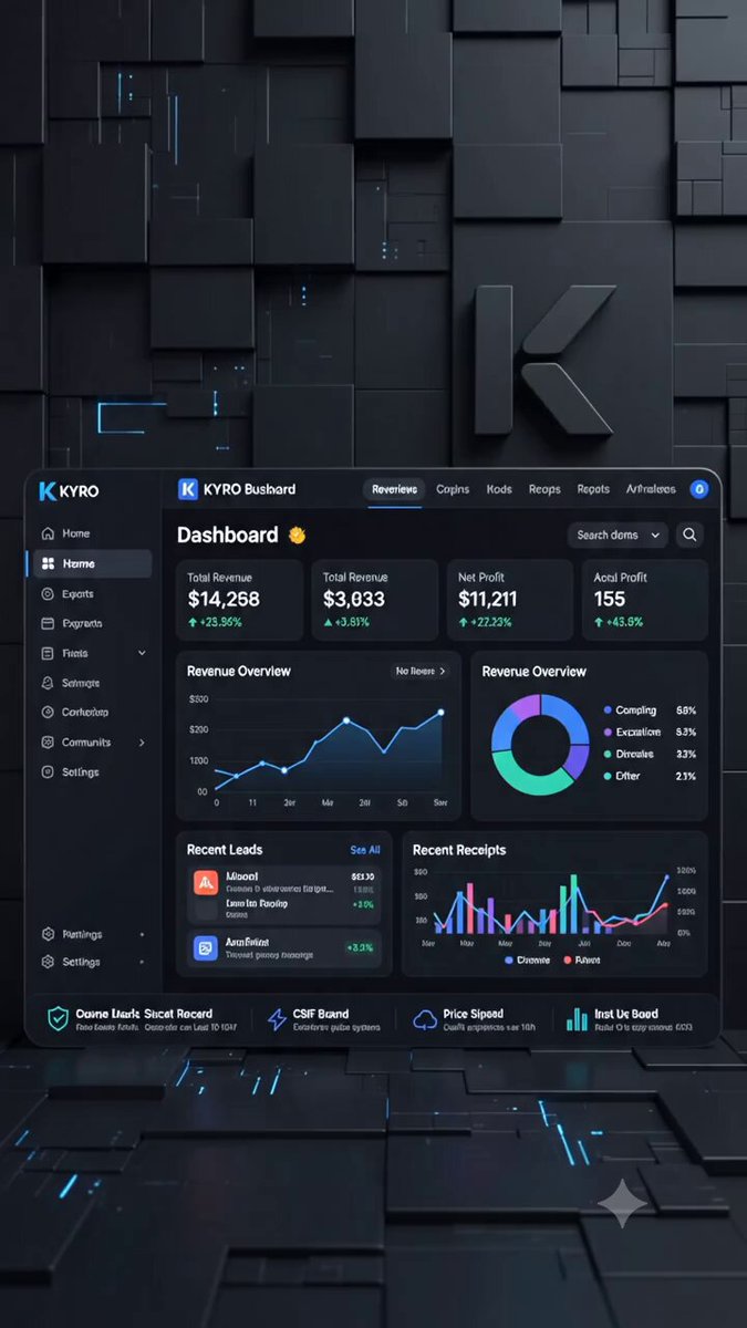 ikc-editor interface for a dashboard displaying financial data against a black and white grid backdrop, with a blue and white logo at the center.
