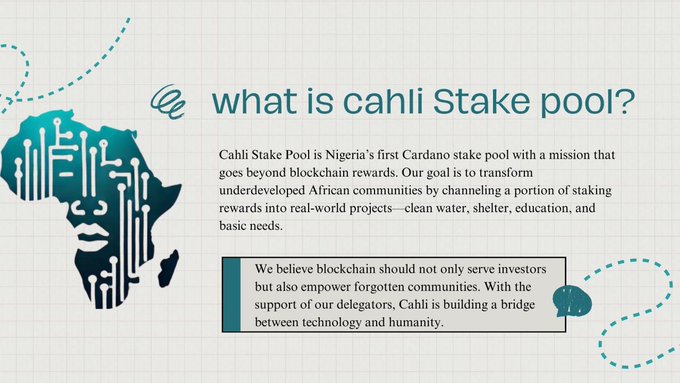 An infographic titled 'what is cahli Stake pool?' describing it as Nigeria's first Cardano stake pool, with text explaining its mission to channel staking rewards into real-world projects for underdeveloped African communities.