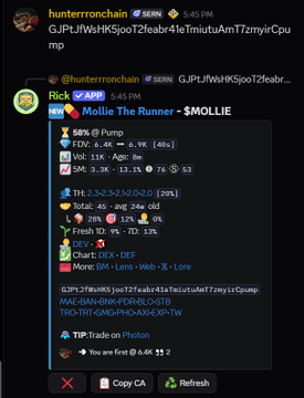 A screenshot of a tweet from @hunterronchain shares an analysis of the meme coin $MOLLIE ("Mollie The Runner"), highlighting a 580% pump and a 70x gain from a 6.9K market cap, aligning with the post's emphasis on finding low-cap gems with strong narratives in the Serenity ecosystem. The chart details show a 2,322,332/2020 supply, 68% in the top 10 wallets, and contract address GJPLfJWsHK5poT2feabr4leTmiuUaAmT7zmyjrCpump.