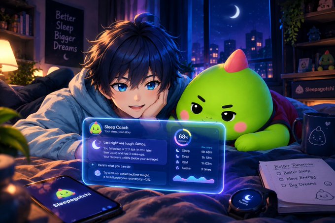 Anime-style artwork shows a boy in bed next to a green plush toy, using an app interface labeled "Sleep Coach" displaying data on sleep, deep sleep, REM, and awake time.