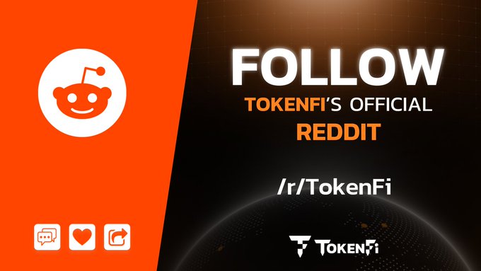 Promotional graphic with the orange Reddit logo on the left, featuring the bold text "FOLLOW TOKENFI'S OFFICIAL REDDIT /r/TokenFi" alongside the TokenFi logo, encouraging users to join the TokenFi subreddit for project updates and community engagement, complementing the post's call to action to visit reddit.com/r/tokenfi.