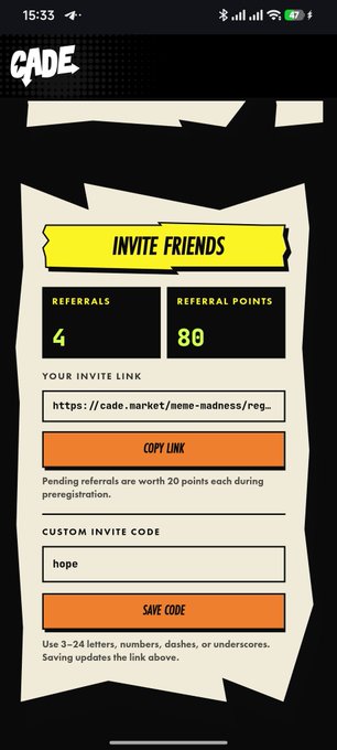 A mobile screenshot of the CADE app showing an "INVITE FRIENDS" page with 4 referrals, 80 referral points, an invite link, and a custom invite code field set to "hope".