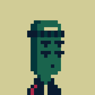 A pixel art illustration on a pale yellow background depicting a stylized face with closed eyes, wearing a green headband, with a small red tie visible at the bottom.