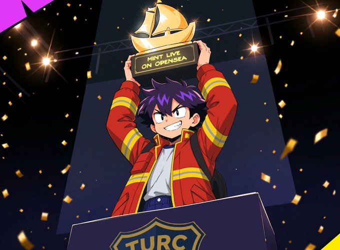 The image features a young boy holding up a trophy, likely for an achievement or competition. He is wearing a red jacket with yellow trim and has a backpack on his shoulders. The background of the image shows confetti falling from above, suggesting that there might be a celebration taking place. The post reads "Class is officially in session and we’re graduating! GTD Phases is now LIVE on @opensea ...". This indicates that the boy's accomplishment has been recognized by his school or institution, and he is being celebrated for his achievement.