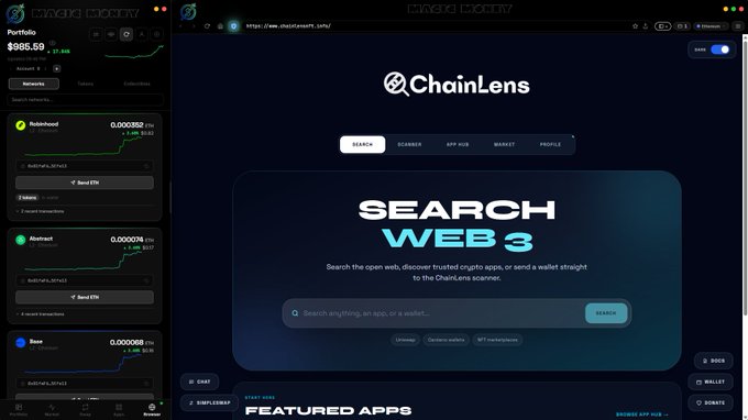 A screenshot of the ChainLens website, a Web3 search platform, with a sidebar showing a portfolio value of $986.59 and a main search area displaying 'SEARCH WEB 3'.