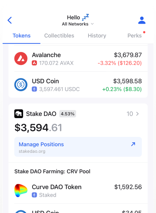 A crypto portfolio view on Zerion showing a wallet holding Avalanche (AVAX) down 3.32% at $3,679.87, USD Coin (USDC) up 0.23% at $3,598.58, and a Stake DAO position worth $3,594.61 earning 4.53% APY, illustrating how Zerion resolves DeFi positions like staked assets and LPs into a clear, unified portfolio view.