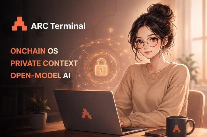 An illustrated woman works on a laptop at a desk beside a coffee mug, with a glowing padlock icon symbolizing privacy floating beside her. The text reads "ARC Terminal," "ONCHAIN OS," "PRIVATE CONTEXT," and "OPEN-MODEL AI," visually reinforcing the post's message about keeping personal AI context user-controlled rather than surrendered to centralized providers.