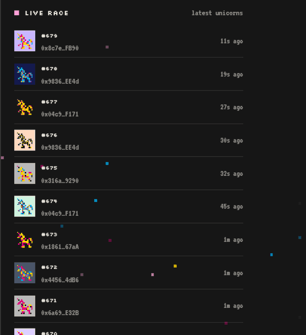 The image shows a "LIVE RACE" feed of the latest unicorns with pixel-art icons and token IDs (#679, #678, #677, etc.), each with timestamps like "11s ago" and "1m ago," which represents the user's return to CryptoUnicorns mining and the recent unicorns they've discovered.