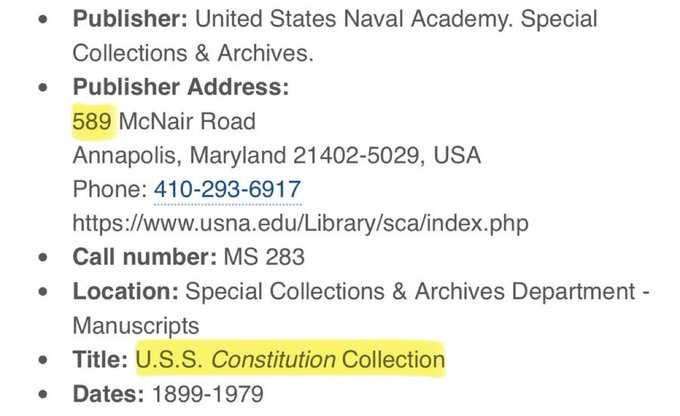 Catalog entry showing publisher information for the United States Naval Academy Special Collections & Archives, with the Publisher Address (589 McNair Road, Annapolis, Maryland) and Title (U.S.S. Constitution Collection) highlighted in yellow.