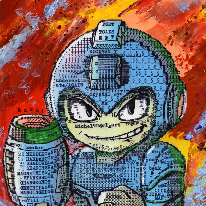 A larger, highly detailed ASCII text-art portrait of Mega Man wielding a weapon labeled 'mega buster', filled with references like 'POET TOADS NFT', 'ROCKMAN X', 'Michelangel_art THUNDER', and various weapon names against a fiery red and orange painted background.