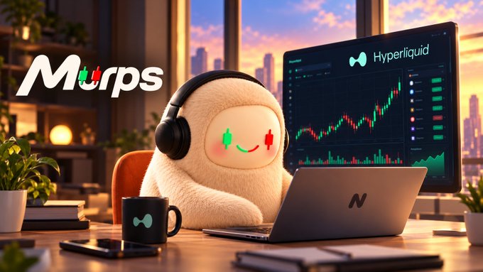 AI-generated plush character wearing headphones at a laptop, featuring 'Murps' and 'Hyperliquid' branding with a trading chart in the background.