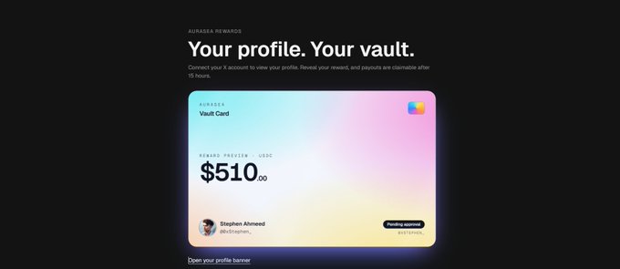 A webpage titled 'AURABASX REWARDS - Your profile. Your vault.' shows a vault card with a $510.00 USDC reward precision belonging to Stephen Ahmed.