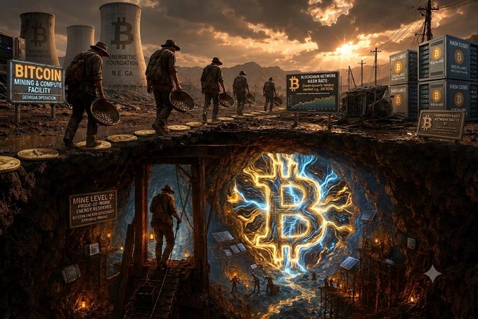 A post-apocalyptic digital artwork depicting miners with pans approaching Bitcoin-themed cooling towers and signs for 'Bitcoin Mining & Compute Facility', with a glowing underground Bitcoin symbol.