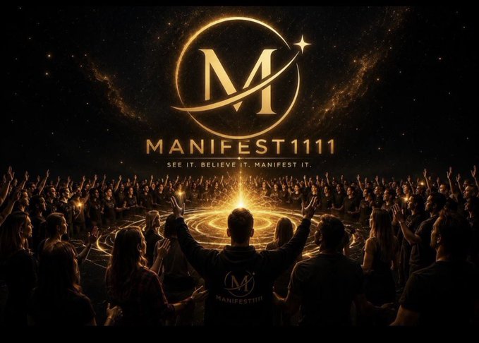 The image features a large crowd of people gathered around a stage, with some individuals holding up their hands as if they are praying or celebrating. The stage has a golden background that shines brightly under the lights, creating an atmosphere of excitement and anticipation. In front of the stage, there is a logo for Manifest11B, which appears to be related to the event taking place. The post also mentions that the winner of the contest has won 100,000 free tokens, suggesting that this could be a special edition or limited-time offer.