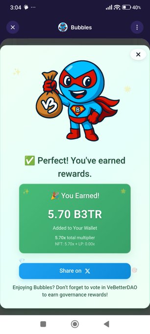 A mobile screenshot from the Bubbles app shows a superhero mascot and a rewards screen stating 'Perfect! You've earned rewards' and 'You Earned! 5.70 B3TR' with a 'Share on X' button.