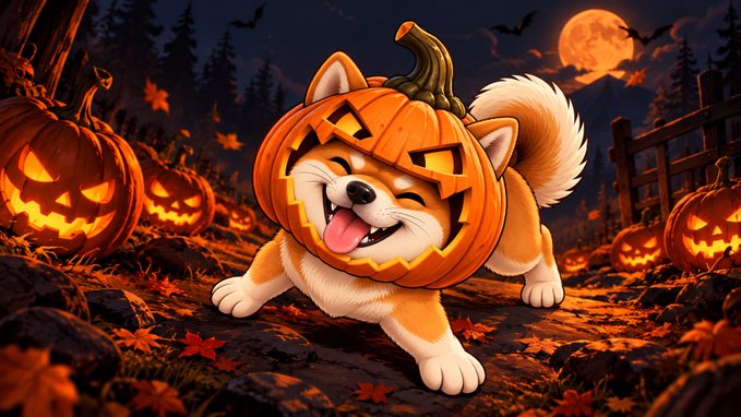 A digital illustration of a cute Shiba Inu dog wearing a jack-o'-lantern pumpkin on its head, running through a spooky forest with glowing jack-o'-lanterns and a full orange moon in the background.