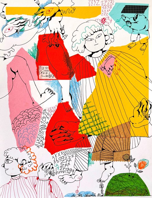 A colorful, abstract, hand-drawn style illustration featuring fragmented figures, birds, squiggly lines, and characters drawn in black line art on blocks of red, yellow, pink, and blue.