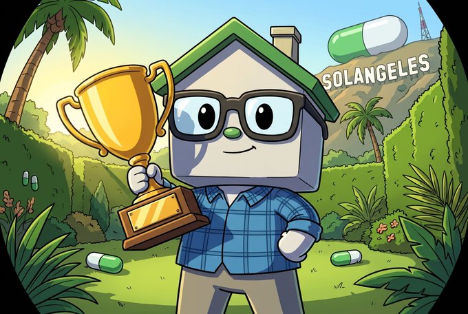 A cartoon house mascot with glasses and a blue plaid shirt proudly holds a gold trophy in a tropical "SOLANGELES" landscape, surrounded by palm trees, greenery, and scattered pill capsules—visually celebrating the achievement mentioned in the post.