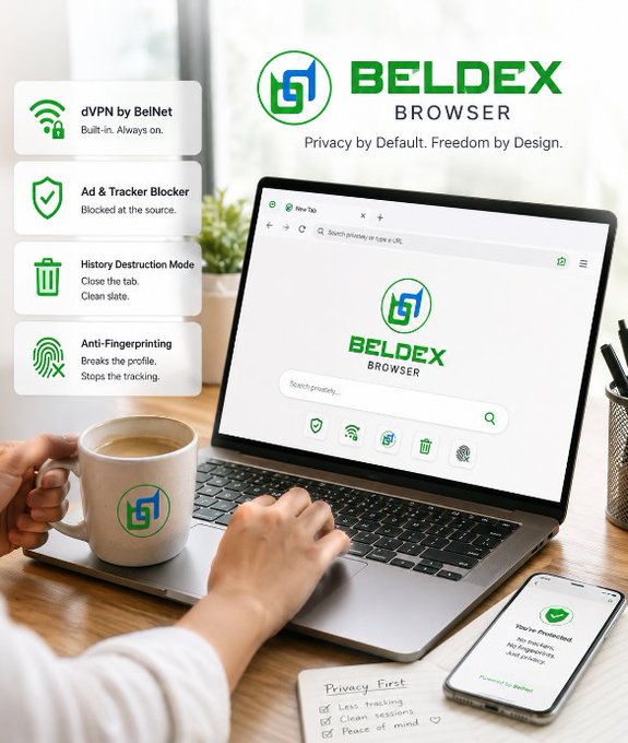 An advertisement for the "BELDEX BROWSER" displaying privacy features like dVPN, Ad & Tracker Blocker, History Destruction Mode, and Anti-Fingerprinting on a laptop screen alongside a branded mug and smartphone.