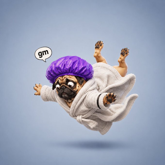 A 3D rendered image of a pug wearing a purple shower cap and white bathrobe, appearing to float or fall through the air with a speech bubble saying 'gm'.
