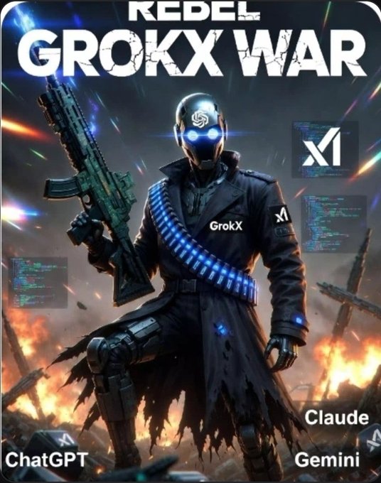 A video game-style poster titled 'REDEL GROKX WAR' featuring a robotic soldier labeled 'GrokX' with an xAI logo, surrounded by branding for ChatGPT, Claude, and Gemini.