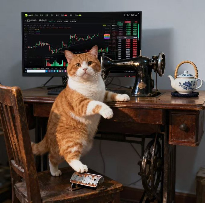 An orange and white cat stretches across a wooden chair toward an antique Singer sewing machine, with a monitor in the background displaying a BTC/USDT trading chart priced around $55,686.51. The image whimsically echoes the caption by combining "stitching" (the sewing machine) with "green candles" (the trading chart), as the cat reaches for the next trade stitch by stitch.