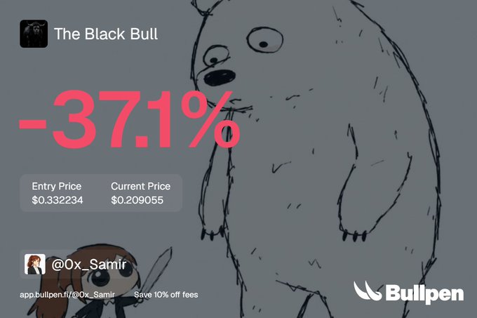 A Bullpen trading app screenshot showing 'The Black Bull' with a -37.1% loss, entry price of $0.332234 and current price of $0.209055, overlaid on a 'bear market' meme drawing, shared by @0x_Samir.