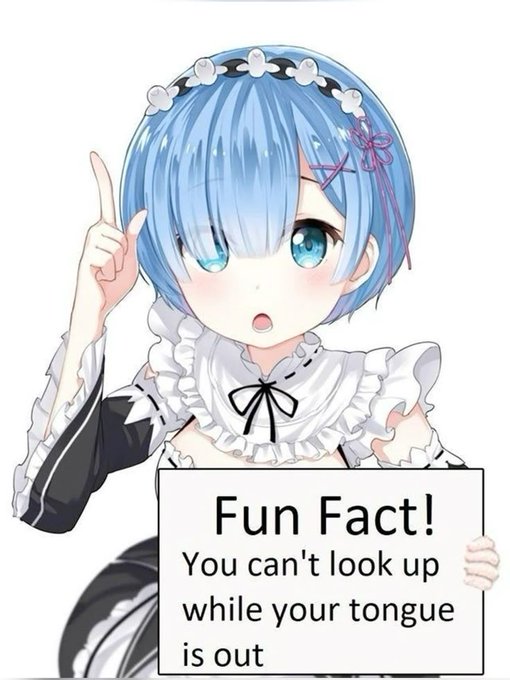 The image features a cartoon girl with blue hair wearing a maid's outfit holding up a sign that says "Fun Fact! You can't look up while your tongue is out." The girl appears to be pointing at the sign, drawing attention to its message. This playful and humorous illustration serves as an eye-catching way of conveying information about the limitations of looking up when one's tongue is out.
