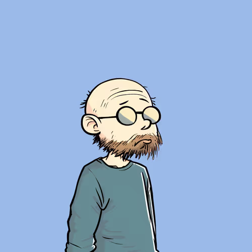 A cartoon illustration of a bald, bearded man wearing round glasses and a teal sweater against a light blue background.