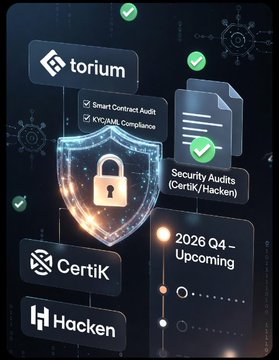 A promotional graphic showing security and KYC/AML compliance audits by Torium, CertiK, and Hacken, along with text indicating '2026 Q4 - Upcoming' for Security Audits (CertiK/Hacken).