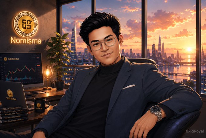 A young professional sits confidently at a desk in a modern high-rise office overlooking a city skyline at sunset, with a glowing "Nomisma" logo on the wall and a monitor displaying trading charts. The brand name "Nomisma" is also visible on a laptop, coffee mug, and other items throughout the scene. The image visually reinforces the post's message of NomismaNetwork Season 3 as a high-stakes "risk lab," portraying its audience as sharp, analytical decision-makers navigating complex crypto strategies rather than passive spectators chasing points.